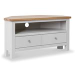 RoselandFurniture Farrow Grey Corner TV Stand Unit 90 cm Painted Solid Wood Light Oak Top Television Cabinet Suitable for TVs up to 40 inches for Living Room or Bedroom | Fully Assembled