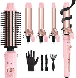 FARERY 4-in-1 Interchangeable Automatic Rotating Curling Iron & Thermal Brush Set, 0.75''/1''/1.25'' Curling Iron & 1.5'' Heating Round Curling Brush, ONE Heat 410°F, Pink