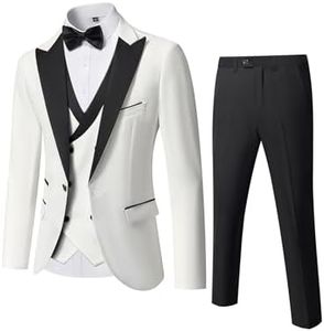 YND Men's 3 Piece Slim Fit Wedding Tuxedo Set, Peak Lapel One Button Suit Jacket, Double Breasted Vest Pants with Bow Tie, White, Medium