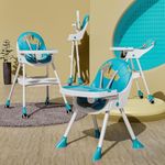 TONY STARK 5 in 1 LATEST 2024 Model, Reclining foldable Baby High Chair with Wheels , Dual Dining Detachable Food Tray, Height Adjustable Feeding Seat, Five Point Safety Belt, Upgraded Version PU Cushion Pad, Easy to Clean for Baby, Kids, Toddler (Ocean Blue)