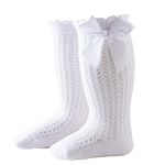 Carolilly Girls' Socks Breathable and Comfortable Cotton Long Socks with Bow for Holiday Party Photography Knee Socks Over (White, 0-1 Years)