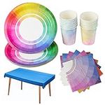 MATANA 61-Pcs Rainbow Birthday Party Tableware for Kids, Boys & Girls (15 Guests) - 15 Paper Plates, 15 Paper Cups, 30 Napkins & 1 Large Tablecloth