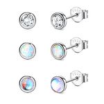 CASSIECA 3 Pairs 925 Sterling Silver Stud Earrings for Women Girls Kid Moonstone Earrings Opal Cubic Zirconia Earrings Tiny Small Earrings Set Hypoallergenic Earrings CZ Piercing Jewelry Gift Size 4mm