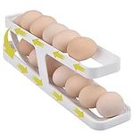 Egg Holder for Refrigerator, Space Saving Egg Dispenser for 14 Eggs, 2 Tier Automatically Rolling Egg Container, Egg Storage Tray for Countertop Cabinet, White