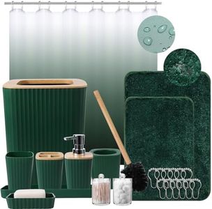 Dark Green Bathroom Accessories Sets Complete with Ombre Shower Curtain and Bathroom Rugs,Bathroom Sets with Trash Can,Toothbrush Holder and Cup,Soap Dispenser,Tray,Soap Dish,Toilet Brush,Qtip Holder