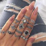 Vinzar Boho Rings Silver Stackable Finger Rings Set Black Onyx Knuckle Joint Midi Ring Jewelry Sunflower Crystal Vintage Hand Accessories for Women and Girls