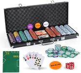 JUNGLE STONE Texas Holdem Poker Set with Deluxe Aluminium Case 500 Piece Pro. Quality Clay Metal Chips, 2 Decks of Pro. Plastic Playing Cards 5 Dice Dealer Big Small Blind Button Poker Chips Set