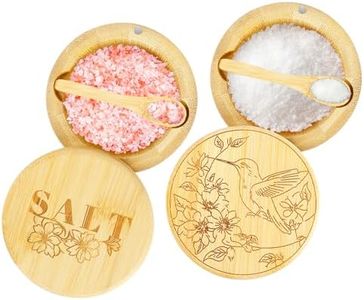 Loscarol 2 Pcs Bamboo Salt Container, Carving Design Salt Cellar Spice Box with Magnetic Swivel Lid & Spoon, to Easily Open and Seal Spice Box for Storage Pepper, Table Salts, Sugar, Spice