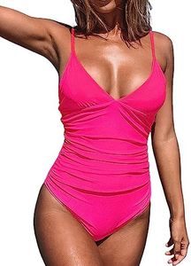 CUPSHE Women Swimsuit One Piece V Neck Tummy Control Ruched Front Low Back Bathing Suit Swimwear Deep Pink M