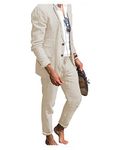 Men 2 Pieces Suit Linen Beach Wedding Prom Tuxedo Soft Blazer Pant Set Casual(Beige,36)