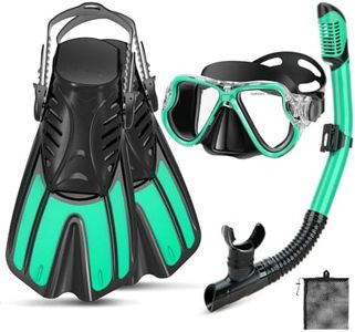 PIYAZI Mask Fins Snorkel Set, Snorkeling Gear with Short Fins for Adults with Panoramic View Mask, Dry Top Snorkel, Adjustable Swim Fins and Travel Bag, Adults Snorkel Gear for Swimming Snorkeling
