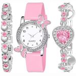 Acnos Silicone Premium White Dial Diamond Pink Analog Watch With Diamond Bracelet For Girl Best Design Butterfly Combo 3 Pack Of 3, Pink Band