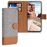 kwmobile Wallet Case Compatible with Google Pixel 4a - Case Fabric and Faux Leather Phone Flip Cover - Light Grey/Brown