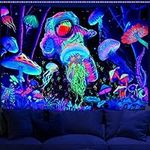 Alishomtll Black Light Space Tapestry Blacklight Mushroom Tapestries Funny Astronaut Poster Jellyfish Tapestry Glow in the Dark Tapestry Room Aesthetic Decor for Men (83 x 59 inches)