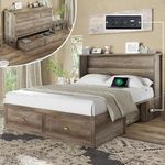 Jocisland Queen Size Murphy Bed, Farmhouse Wooden Cabinet with Charging Station and Storage Drawer for Bedroom/Office/Guest Room, Grey Oak
