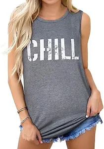 Womens Summer Tops Sleeveless Casual Loose Fit Graphic Blouses(Grey Letters, 3XL)