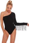 Verdusa Women's Fringe Trim Tops One Shoulder Long Sleeve Bodysuit Solid Black XL