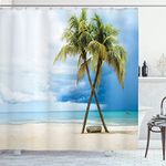 Ambesonne Hawaiian Decorations Shower Curtain Set, Cloudy Sky Boat in The Sea Palm Trees Sandy Beach Thailand Seascape Picture, Bathroom Accessories, 75 Inches Long, Green Blue