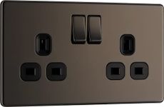 BG Electrical Double Switched Power Plug Wall Socket, Flatplate Screwless, Black Nickel, 13A, FBN22B