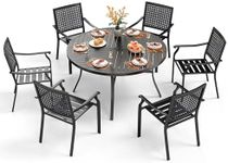 PHI VILLA 7 Pieces Outdoor Round Dining Set for 6, Large Wrought Iron Dining Table with Umbrella Hole & Stackable Metal Chairs, Dining Furniture Set for Patio, Deck, Yard, Porch