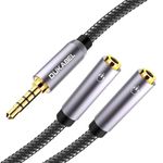 DUKABEL Long Headphone Splitter (4ft / 1.2m) Shielded 4-Pole TRRS 3.5 Y Splitter Cable 2-Way Female to Male Headphone Adapter Stereo Audio/Crystal-Nylon Braided / 24K Gold Plated / 99.99% 4N OFC