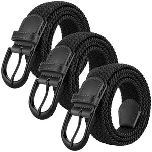 Mile High Life | Braided Stretch Elastic Belts | Pin Oval Solid Belt Buckle | PU Loop End Tip Men/Women/Junior Belt(Black 2Pcs, Large 36"-38" (43" Length))