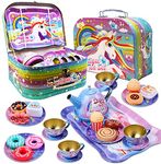 Kids Unicorn Tea Party Set Pretend Role Play Tin Tea Set Toy for Children Desserts & Carrying Case Indoor Fun Game for Boys & Girls Ages 3-7 Years Gift for Toddlers