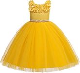 Glamulice Flower Girls Dresses Yellow Ruffles Tulle Vintage 3D Floral Embroidered Pearl Belt Sash Wedding Dress Bridesmaid Christmas Princess Formal Holiday Birthday Party Daddy Daughter Dance Gown 4