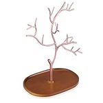 Navaris Metal Jewellery Tree Stand - Organiser Hanger Display Holder with Wooden Dish Base to Store Necklaces, Bracelets, Rings, Accessories