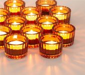 NUPTIO Tea Light Candle Holders - 12 Pcs Amber Tealight Holders Glass Bulk Votive Candle Holder Brown Ribbed Wedding Table Decoration Living Room Home Decor