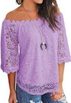 MIHOLL Women's Lace Off Shoulder Tops Casual Loose Blouse Shirts (Light Purple, Large)