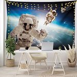 Ambesonne Outer Space Tapestry, Cosmonaut Crew in Universe Astronomy Atmosphere Astral Journey Inspired Image, Wide Wall Hanging for Bedroom Living Room Dorm, 80" X 60", Beige Blue