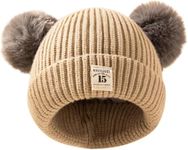 Richmen Baby Beanie Hat, Cute Cat Warm Toddlers Winter Hat, Double Pom Pom Beanies for Boys & Girls Woolen Knitted Cap (Beige)