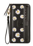 Ecohaso Ladies Purse, Large Women Wallets Cute Daisy Pattern, 13 Card Slots Holder with Strap, RFID Blocking Zipper Wallet Purse for Girls & Ladies (Black)