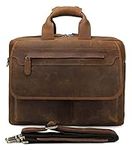 Laptop Briefcase Large Capacity, Vintage Leather 14inch Laptop Bag with Trolly Strap,Business Messenger Satchel, Brown, One Size