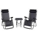 Outsunny Zero Gravity Lounger Chair Set with Side Table, Patio Chaise Lounge, Cup Holders & Adjustable Headrest, Black