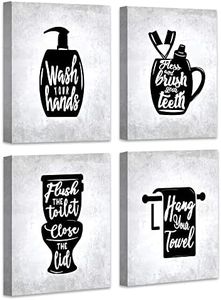 Bathroom Wall Decor | Canvas Wall Art with Wooden Frames | Funny Toilet Signs Quotes Wall Decor | Small Bathroom Pictures for Wall | Set of 4 | 8x10 inch(Framed)