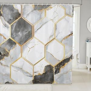 Marble Bath Curtain Women Men Hexagon Geometric Shower Curtain For Bathtubs Kids White Gray Golden Marble Bathroom Shower Curtain Set Modern Geometry Fabric Bath Curtain Bathroom Decor 72"x72"