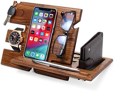 Wood Phone Docking Station Ash Key Holder Wallet Stand Watch Organizer Men Gift Husband Wife Anniversary Dad Birthday Nightstand Purse Father Graduation Male Travel Idea Gadgets Solid (Beige)