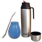 Gaucho Bruno Yerba Mate Cup, Straw, Flask Set - Ceramic Gourd Mug, Stainless Steel Bombilla Drinking Straws and 1 Litre Flask with Red Pouring Spout - Reusable Home and Travel Drinks Kit - Sky Blue