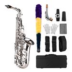 Btuty E Flat Alto Saxophone, Brass, Silver, Includes Mouthpiece, Cleaning Cloth, Brush, Gloves, Straps