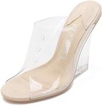 MACKIN J 405-1 Women's Clear Wedge Sandals Open Toe Slip On Mule Lucite Heel Dress Shoes (Transparent,10)
