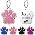 YEHANTI Dog Tags Personalized for Pets, Durable Stainless Steel Glitter Paw Print Pet ID Tags with 4 Line Texts and Icons Engraved, Custom Dog ID Tags and Name Tags for Large Small Dogs Cats (Pink)