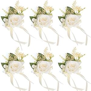 Annkin Ivory Wrist Corsage for Wedding Prom Party, Artificial Flower Wrist Corsage Bracelets, Homecoming Corsage Wristlet, Set of 6 Corsage Flowers for Bride, Bridesmaid, Girls