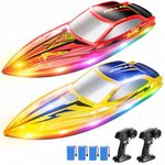 DEERC 2-Pack Fast RC Boats for Kids, Dual-Style Racing Set with LED Lights, 20 KPH High-Speed Remote Control Boats, 4×1200mAh Batteries, Waterproof Toy for Lakes & Pools