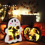 SIXVALA 2 Pcs Halloween Lighted Wooden Table Decorations, Halloween Table Decor with Light Up Pumpkin Ghost Wooden Signs Centerpieces LED Boo Spooky Sign for Home, Halloween Tray Decor, Haunted House