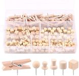 Swpeet 135Pcs 6 Types Wood Push Pins Assortment Kit, Wooden Head Pins Steel Thumb Tacks Clips Push Pins for Cork Boards Map Photos Home Office Craft Projects