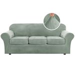 H.VERSAILTEX Modern Velvet Plush 4 Piece High Stretch Sofa Slipcover Sofa Cover Furniture Protector Form Fit Luxury Thick Velvet Sofa Cover for 3 Cushion Couch Width Up to 90 Inch (Sofa, Sea Grass)