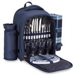 VonShef Picnic Backpack, 4 Person Navy Picnic Bag with Full Dining & Cutlery Set, Insulated Cooler Compartment & Large Waterproof Picnic Blanket, Lightweight Water Resistant Camping Accessories