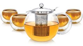 Teabloom Stovetop Safe Glass Teapot with Removable Infuser (40oz/1200ml) and Four Double Walled Glass Cups (5oz/150ml) - Classica Tea Set